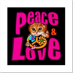 Vintage Retro 60s 70s Pace and Love Flower Power Cat Posters and Art